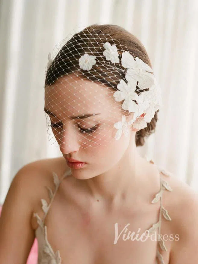 3D Flower Appliqued Vintage Birdcage Veils Viniodress AC1089-Veils-Viniodress-Ivory-Viniodress