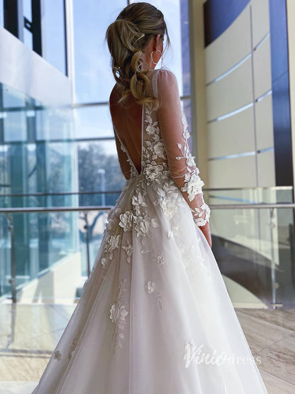 3D Flower Modern Wedding Dresses Backless Long Sleeve Wedding Gown VW2 – Viniodress