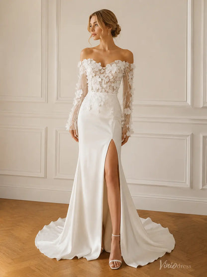Ivory sheath wedding dress with 3D lace bodice, off-the-shoulder long sleeves, and a high leg slit on a satin skirt.
