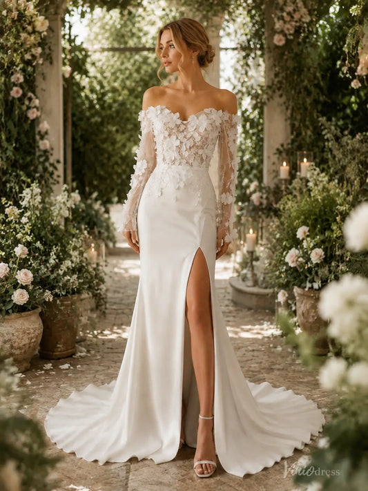 Ivory sheath wedding dress with 3D lace bodice, off-the-shoulder long sleeves, and a high slit in a garden setting.
