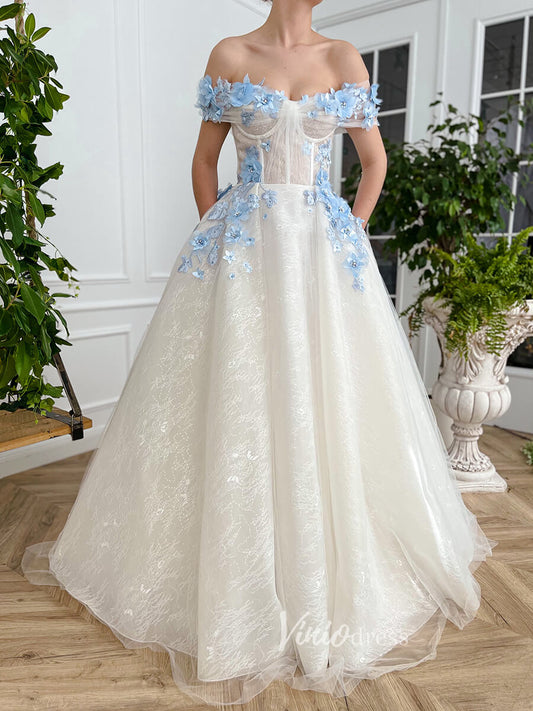 3D Blue Floral Lace Prom Dresses with Pockets Off the Shoulder FD3031-prom dresses 2025 -Viniodress-Ivory-Custom Size-