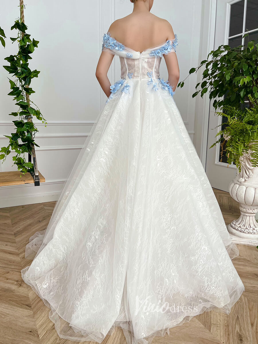 Prom Dress 2025 3D Blue Floral Lace Prom Dresses with Pockets Off the Shoulder FD3031-unique prom dresses-Ivory-Custom Size-Viniodress