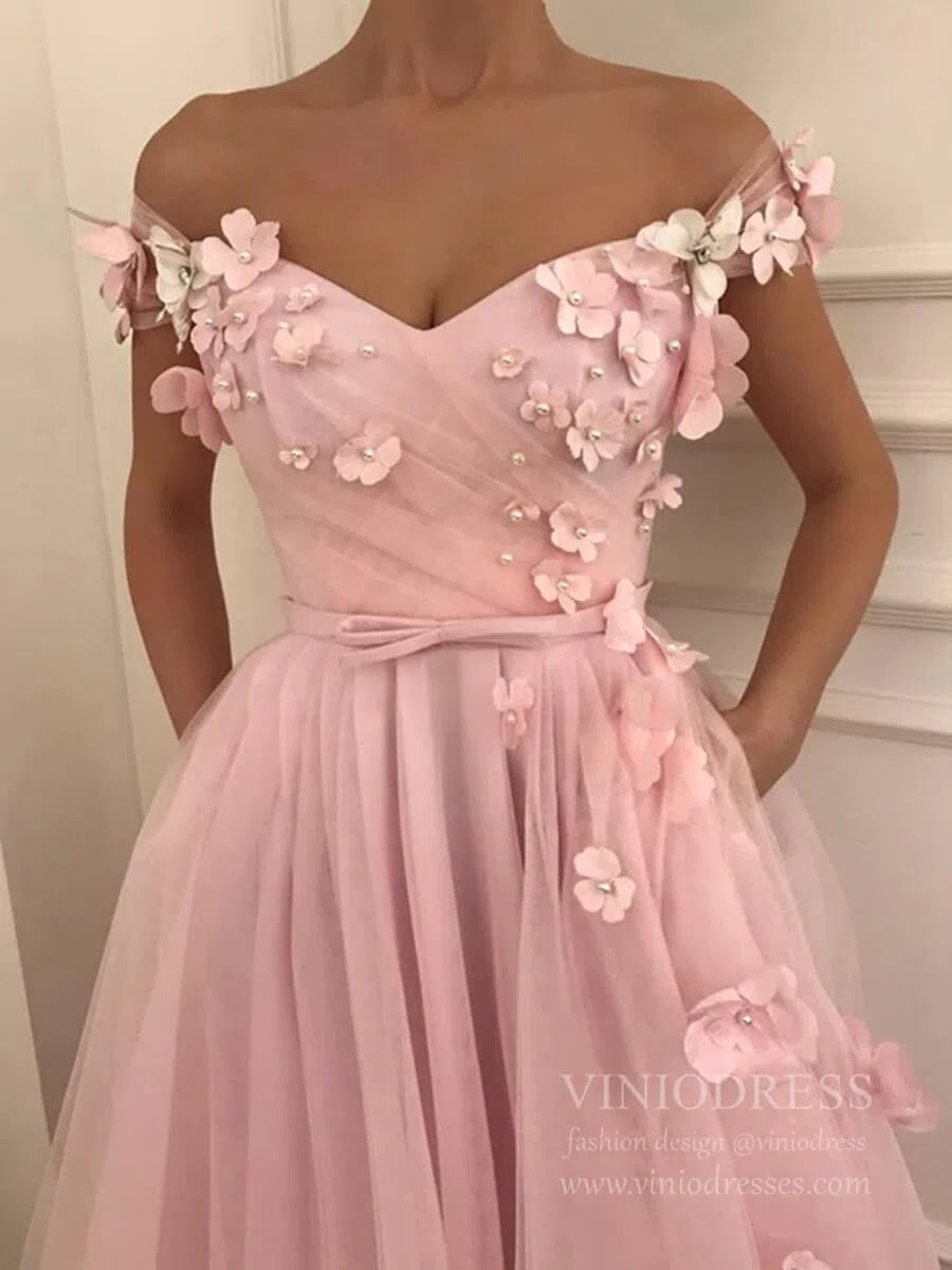 3D Floral Appliqued Pink Long Prom Dresses Off the Shoulder Sleeves FD1674-prom dresses 2025 -Viniodress-Pink-Custom Size-