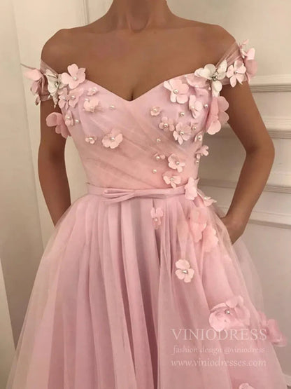 3D Floral Appliqued Pink Long Prom Dresses Off the Shoulder Sleeves FD1674-prom dresses 2025 -Viniodress-Pink-Custom Size-
