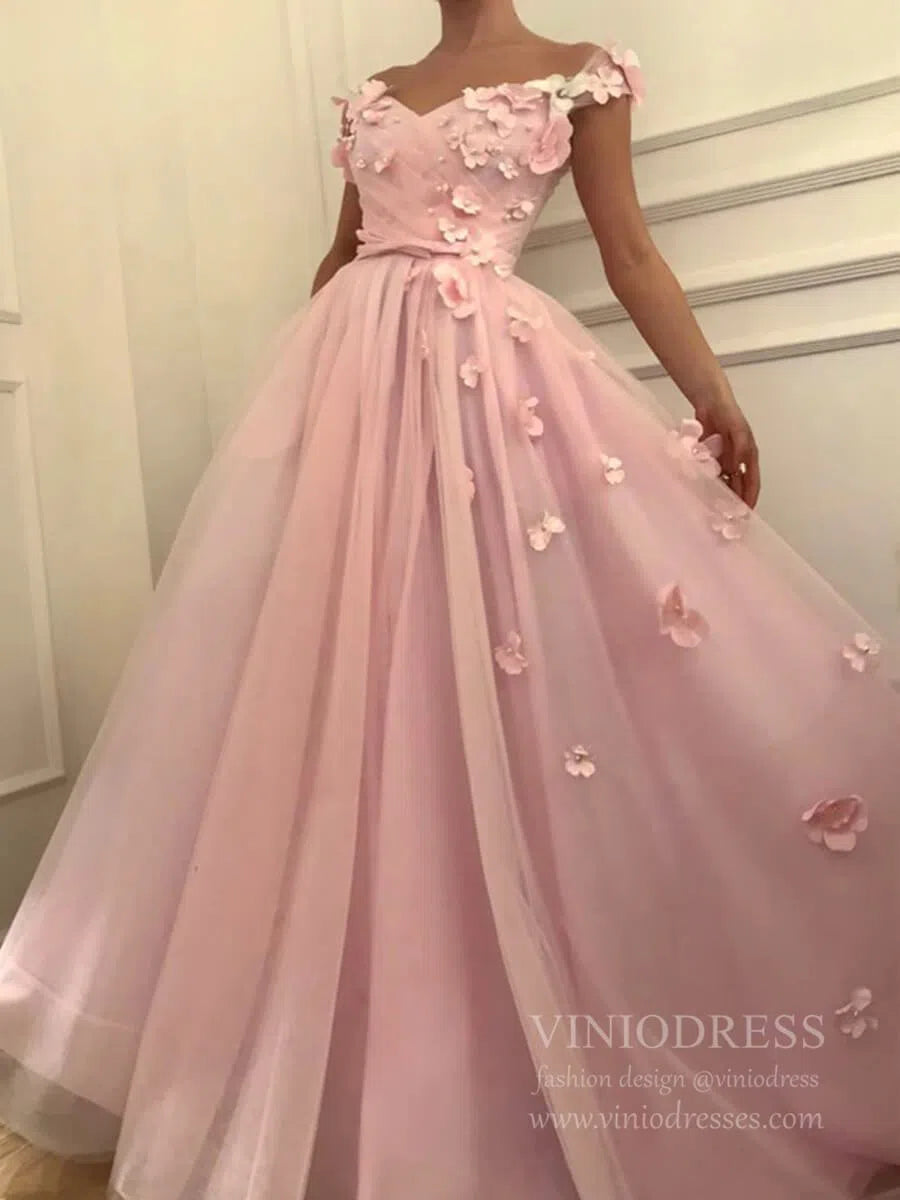 3D Floral Appliqued Pink Long Prom Dresses Off the Shoulder Sleeves FD1674-prom dresses 2025 -Viniodress-Pink-Custom Size-