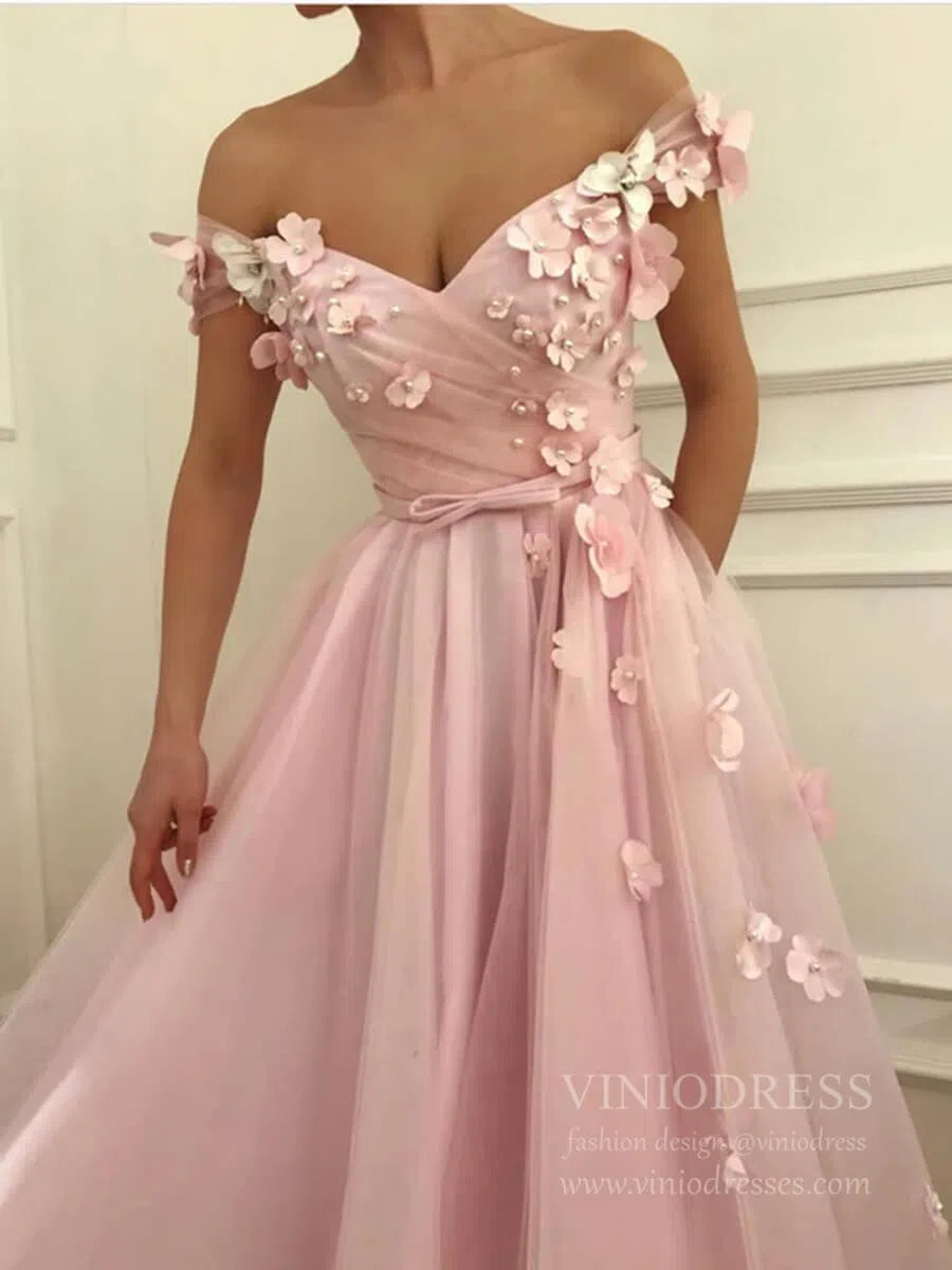 3D Floral Appliqued Pink Long Prom Dresses Off the Shoulder Sleeves FD1674-prom dresses 2025 -Viniodress-Pink-Custom Size-