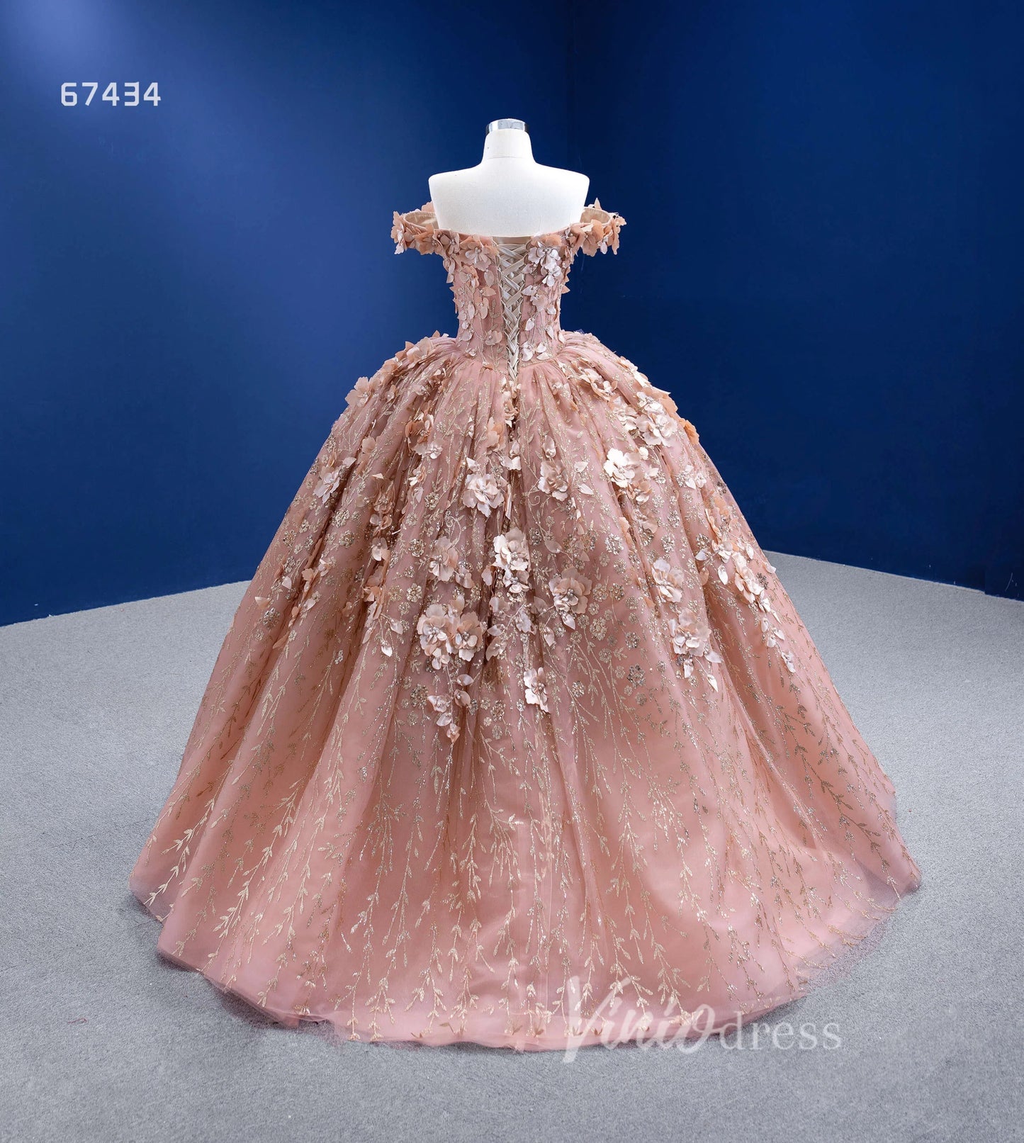 3D Floral Ball Gown Sweet 16 Dress Off the Shoulder Quince Dress 67434 VINIODRESS-Quinceanera Dresses 2025 -Viniodress-Rose Gold-Custom Size-