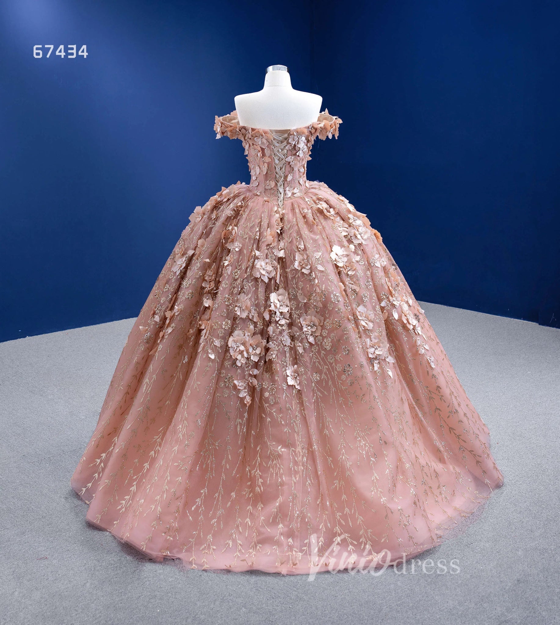 3D Floral Ball Gown Sweet 16 Dress Off the Shoulder Quince Dress 67434 VINIODRESS-Quinceanera Dresses 2025 -Viniodress-Rose Gold-Custom Size-