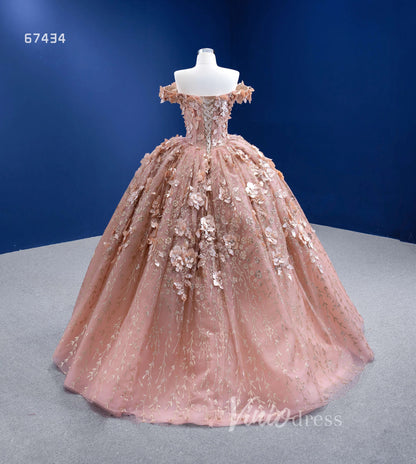 3D Floral Ball Gown Sweet 16 Dress Off the Shoulder Quince Dress 67434 VINIODRESS-Quinceanera Dresses 2025 -Viniodress-Rose Gold-Custom Size-