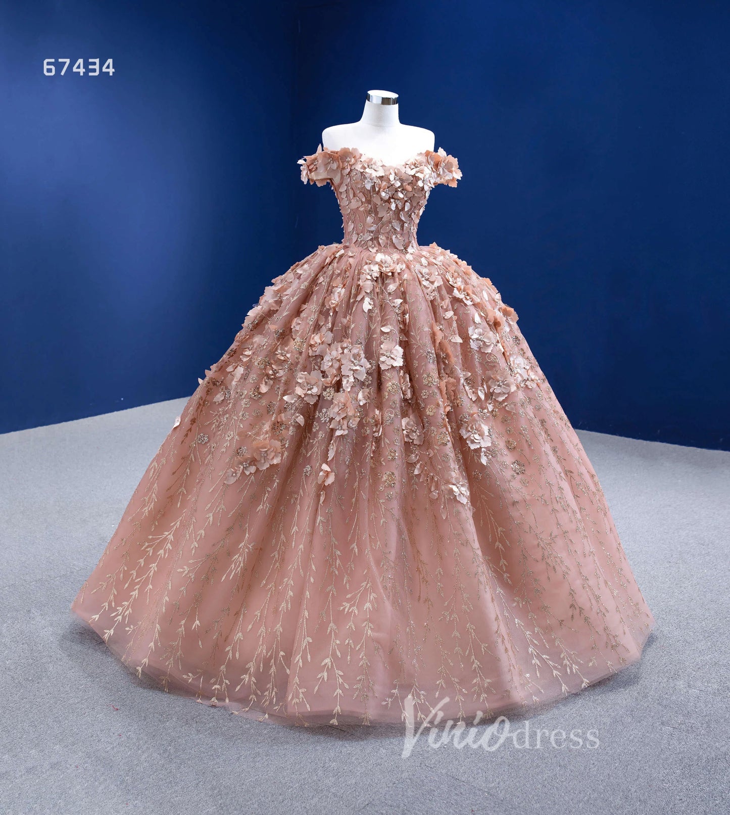 3D Floral Ball Gown Sweet 16 Dress Off the Shoulder Quince Dress 67434 VINIODRESS-Quinceanera Dresses 2025 -Viniodress-Rose Gold-Custom Size-