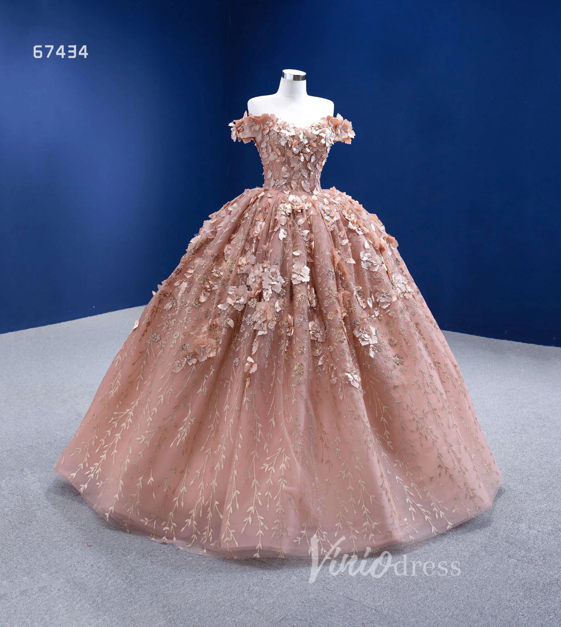 3D Floral Ball Gown Sweet 16 Dress Off the Shoulder Quince Dress 67434 VINIODRESS-Quinceanera Dresses 2025 -Viniodress-Rose Gold-Custom Size-