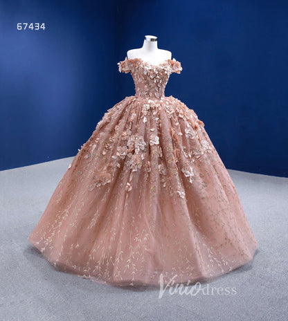 3D Floral Ball Gown Sweet 16 Dress Off the Shoulder Quince Dress 67434 VINIODRESS-Quinceanera Dresses 2025 -Viniodress-Rose Gold-Custom Size-
