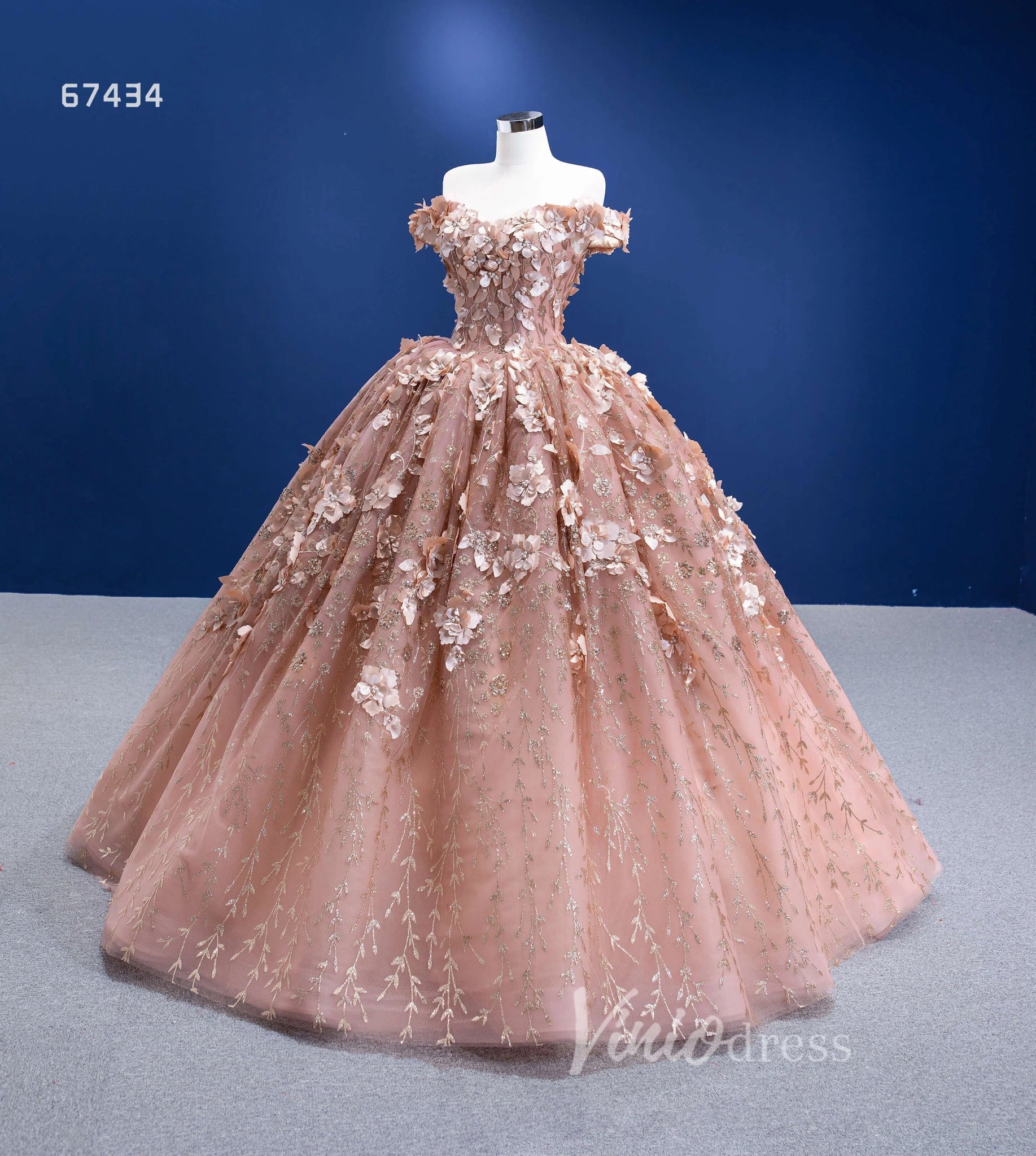 3D Floral Ball Gown Sweet 16 Dress Off the Shoulder Quince Dress 67434 VINIODRESS-Quinceanera Dresses 2025 -Viniodress-Rose Gold-Custom Size-