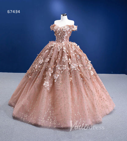 3D Floral Ball Gown Sweet 16 Dress Off the Shoulder Quince Dress 67434 VINIODRESS-Quinceanera Dresses 2025 -Viniodress-Rose Gold-Custom Size-