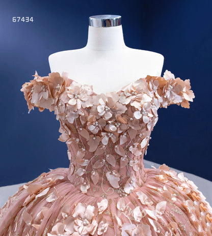3D Floral Ball Gown Sweet 16 Dress Off the Shoulder Quince Dress 67434 VINIODRESS-Quinceanera Dresses 2025 -Viniodress-Rose Gold-Custom Size-