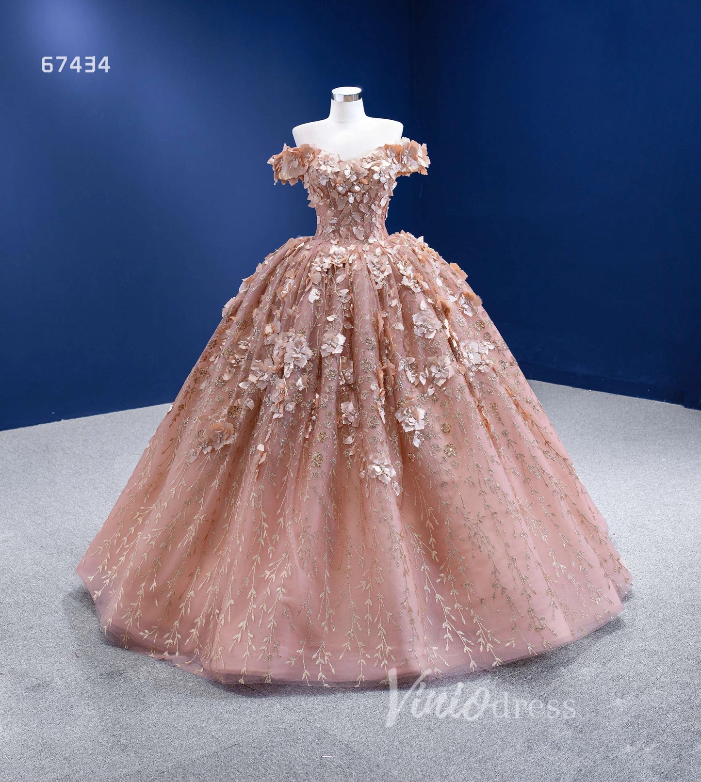 3D Floral Ball Gown Sweet 16 Dress Off the Shoulder Quince Dress 67434 VINIODRESS-Quinceanera Dresses 2025 -Viniodress-Rose Gold-Custom Size-