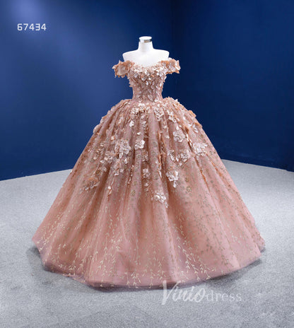 3D Floral Ball Gown Sweet 16 Dress Off the Shoulder Quince Dress 67434 VINIODRESS-Quinceanera Dresses 2025 -Viniodress-Rose Gold-Custom Size-