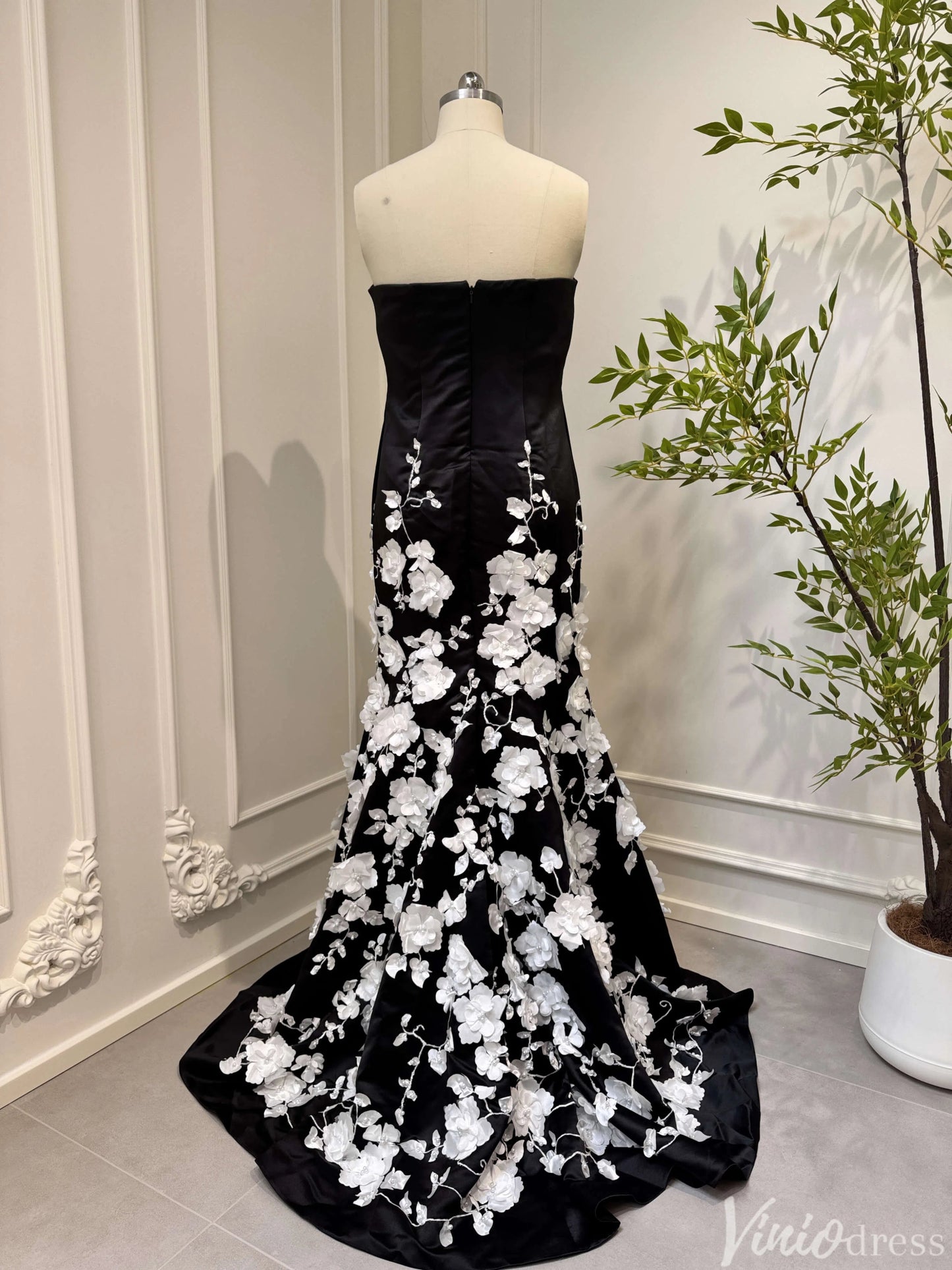 3D Floral Black and White Mermaid Prom Dresses with Removable Long Sleeves FD4045-prom dresses 2025 -Viniodress-Black-Custom Size-