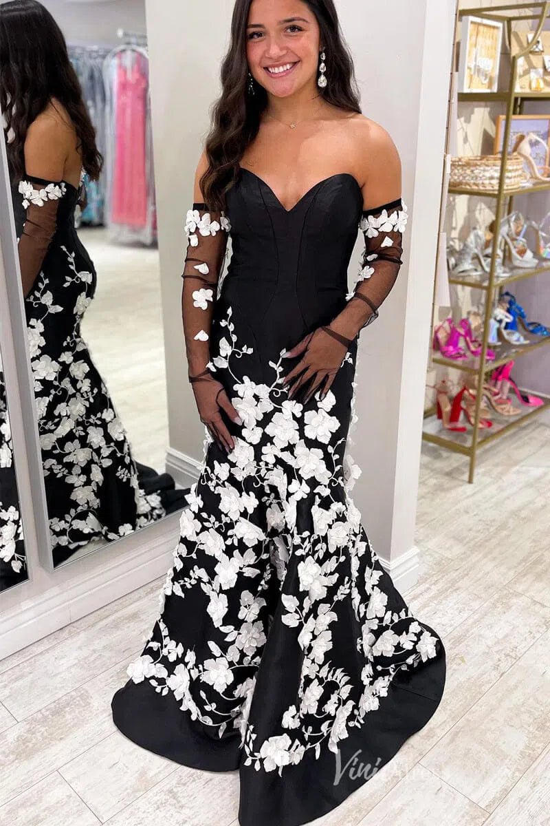 3D Floral Black and White Mermaid Prom Dresses with Removable Long Sleeves FD4045-prom dresses 2025 -Viniodress-Black-Custom Size-