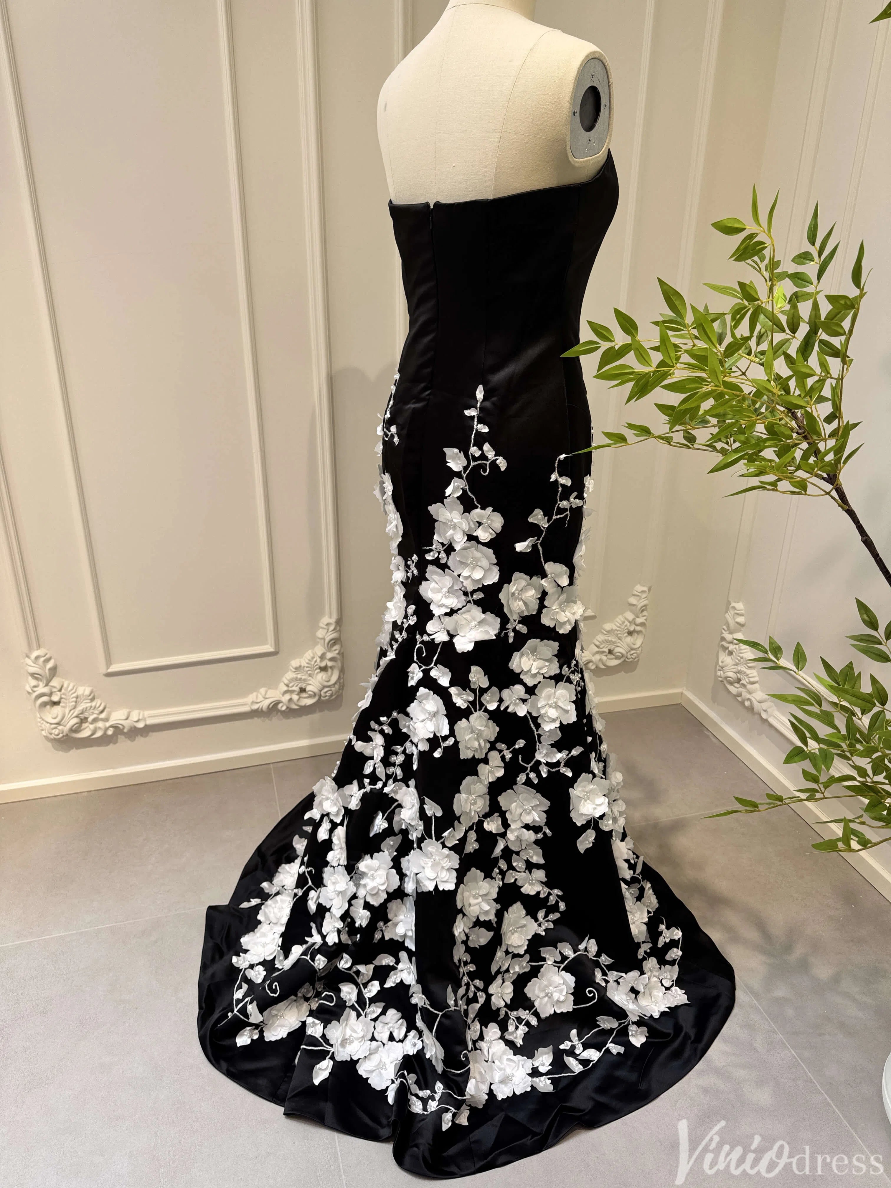 3D Floral Black and White Mermaid Prom Dresses with Removable Long Sleeves FD4045-prom dresses-Viniodress-Viniodress