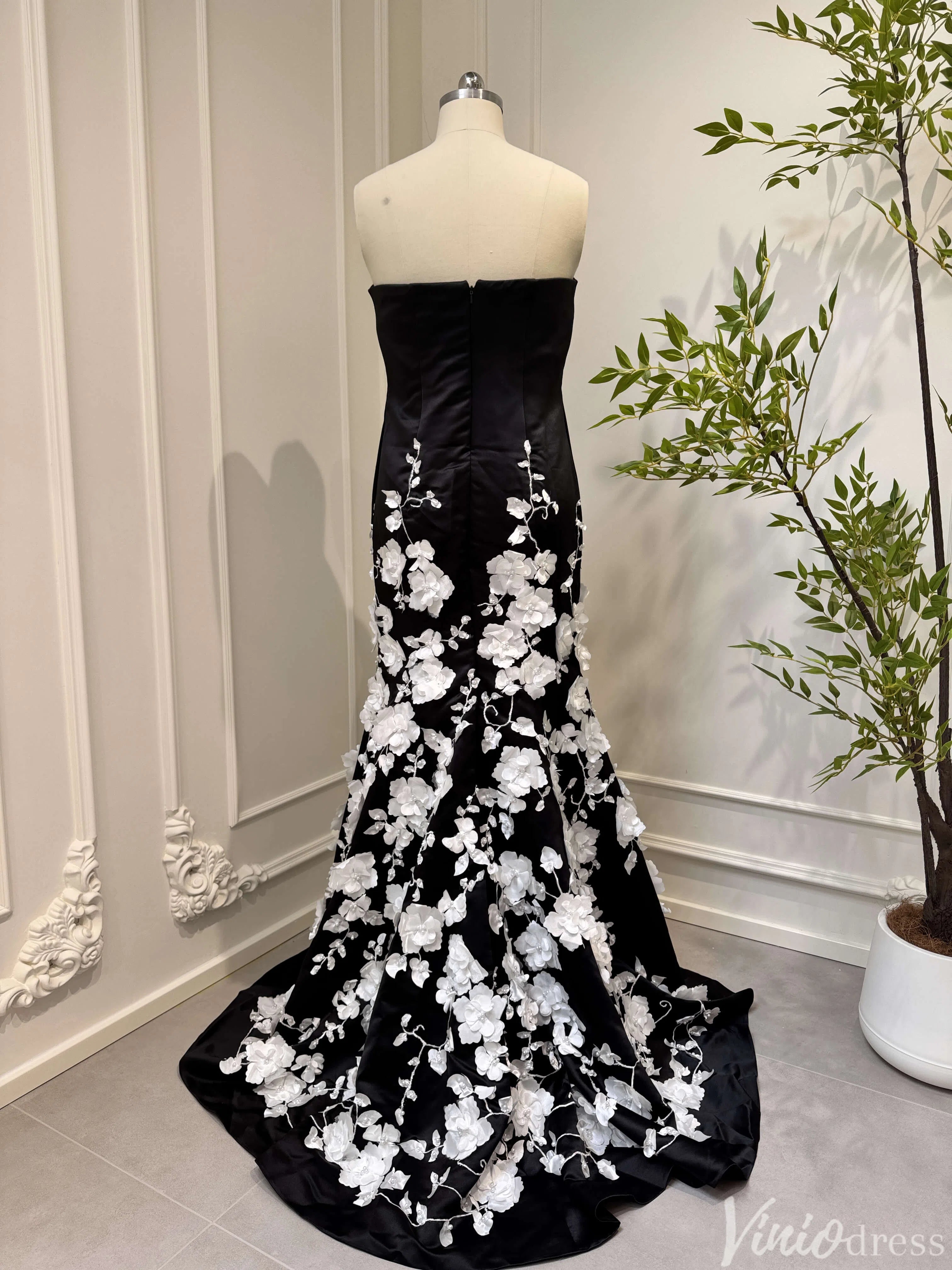 3D Floral Black and White Mermaid Prom Dresses with Removable Long Sleeves FD4045-prom dresses-Viniodress-Viniodress