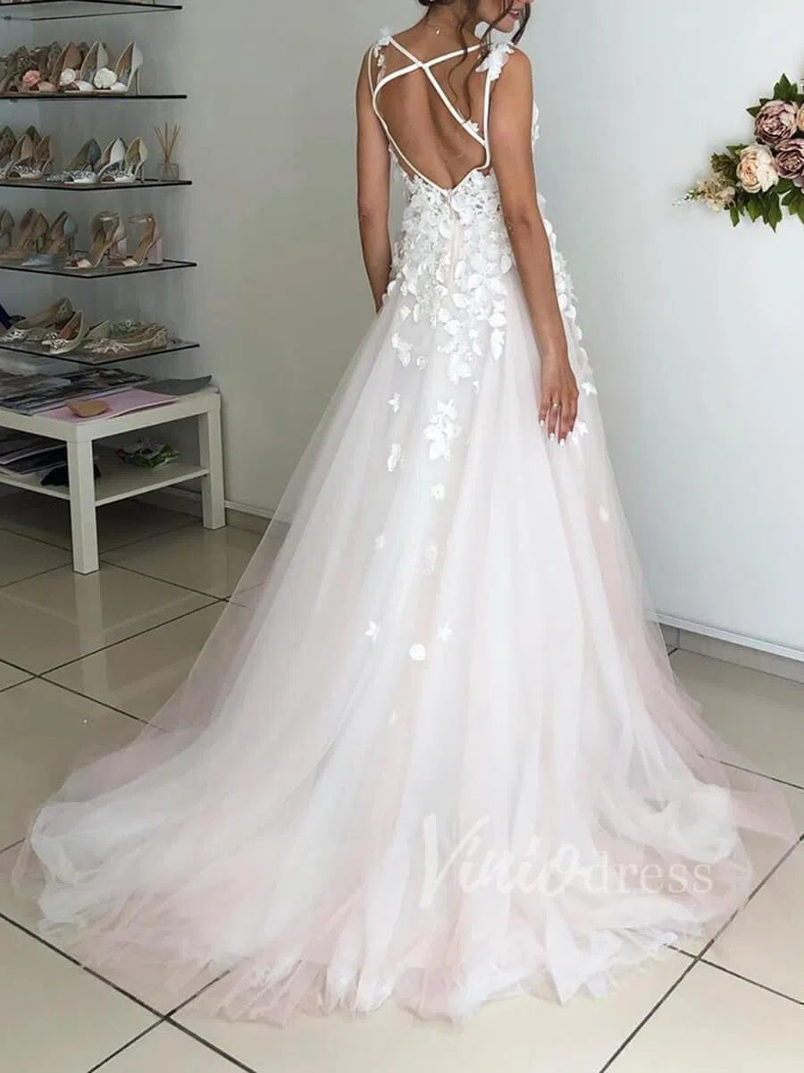 3D Floral Boho Wedding Dresses Light Pink Bridal Dress VW1238-wedding dresses-Viniodress-Viniodress