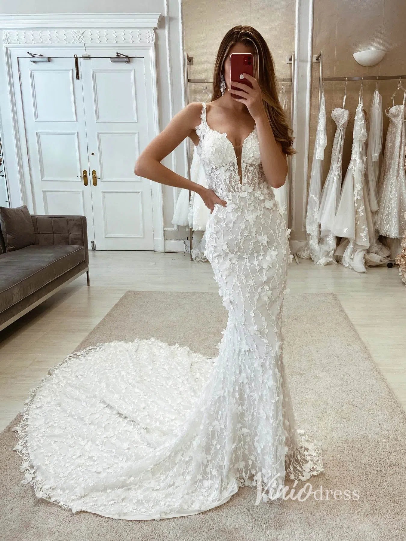 3D Floral Country Wedding Dress Mermaid Bridal Gown VW2085-wedding dresses-Viniodress-Viniodress