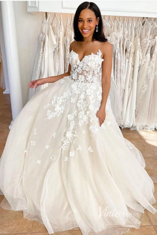3D Floral Country Wedding Dresses Spaghetti Strap VW2147-wedding dresses 2025 -Viniodress-Champagne-Custom Size-