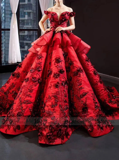 3D Floral Dark Red Quinceañera Dresses Off the Shoulder Ball Gown viniodress-prom dresses 2025 -Viniodress-Dark Red-US 2-