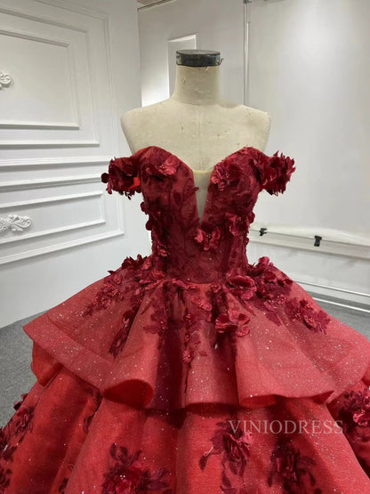 3D Floral Dark Red Quinceañera Dresses Off the Shoulder Ball Gown viniodress-prom dresses 2025 -Viniodress-Dark Red-US 2-