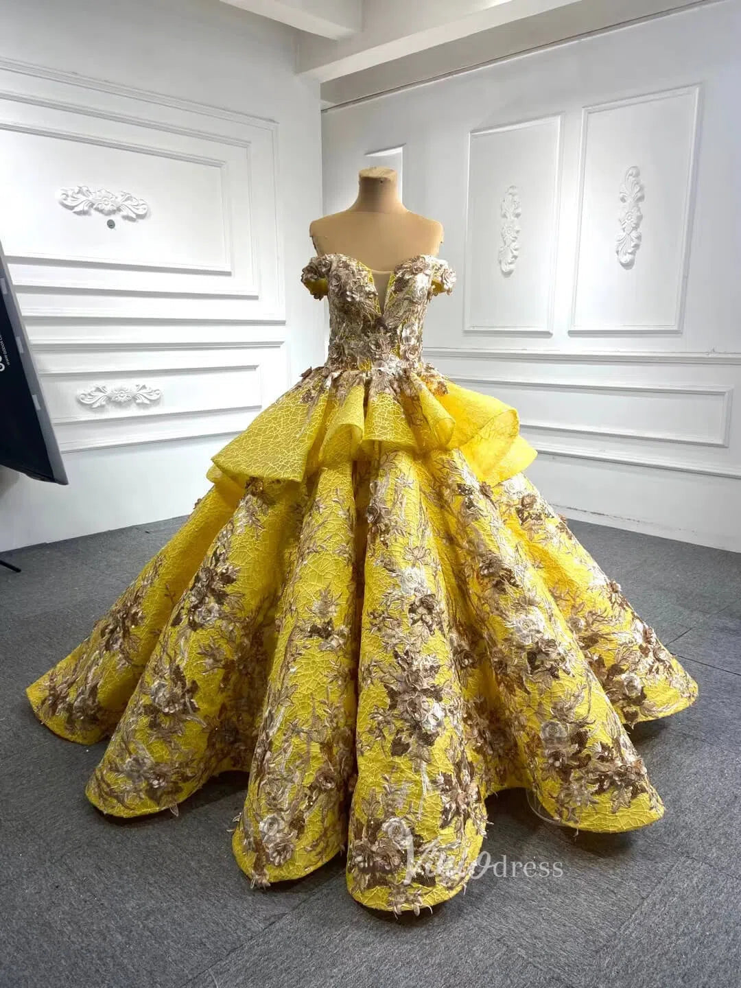 3D Floral Dark Red Quinceañera Dresses Off the Shoulder Ball Gown viniodress-prom dresses 2025 -Viniodress-Yellow-US 2-