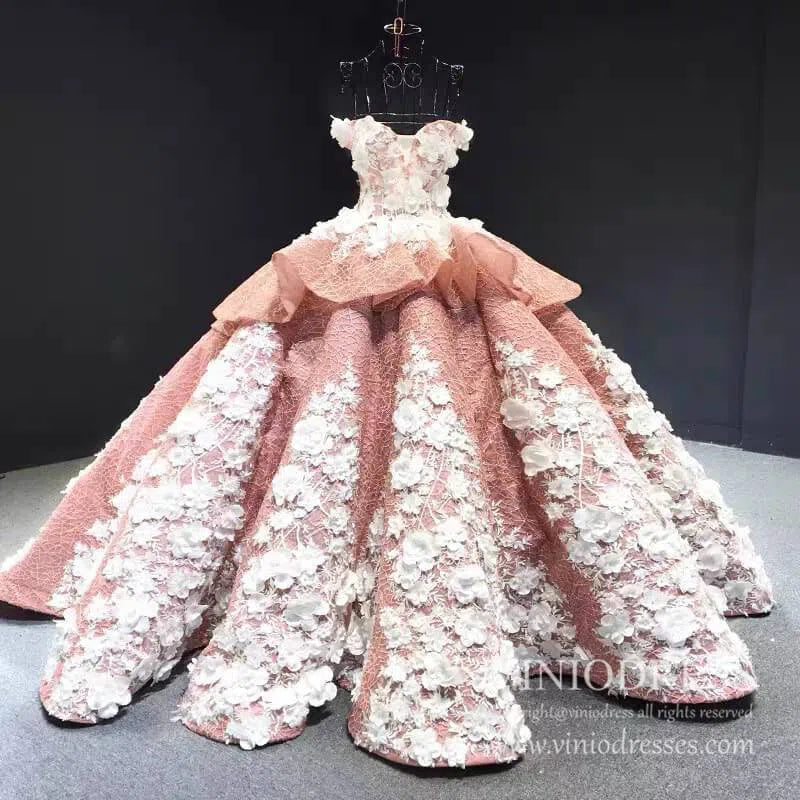 Prom Dress 2025 3D Floral Dark Red Quinceañera Dresses Off the Shoulder Ball Gown viniodress-unique prom dresses-Blush Pink-US 2-Viniodress