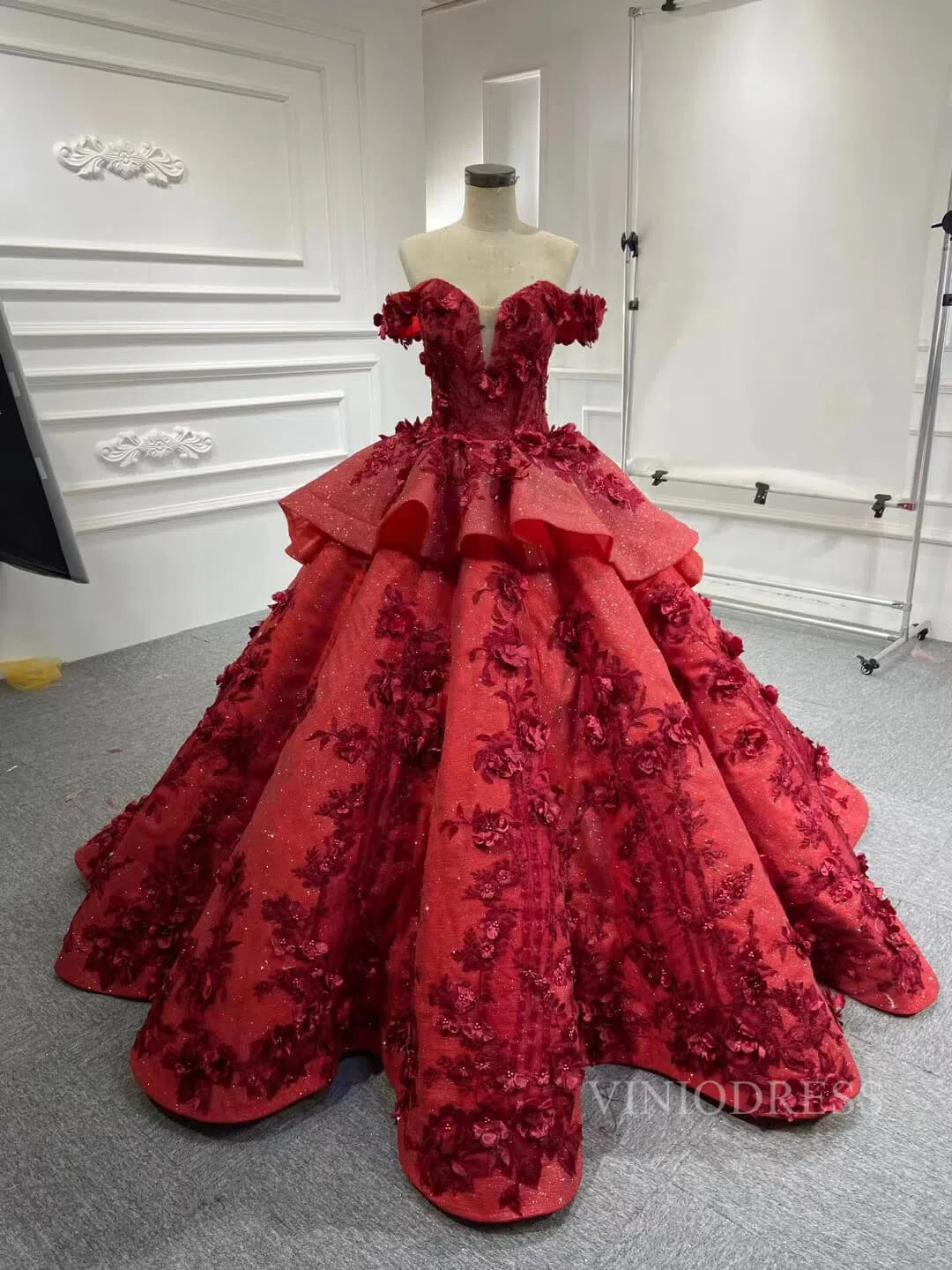 Prom Dress 2025 3D Floral Dark Red Quinceañera Dresses Off the Shoulder Ball Gown viniodress-unique prom dresses-Dark Red-US 2-Viniodress