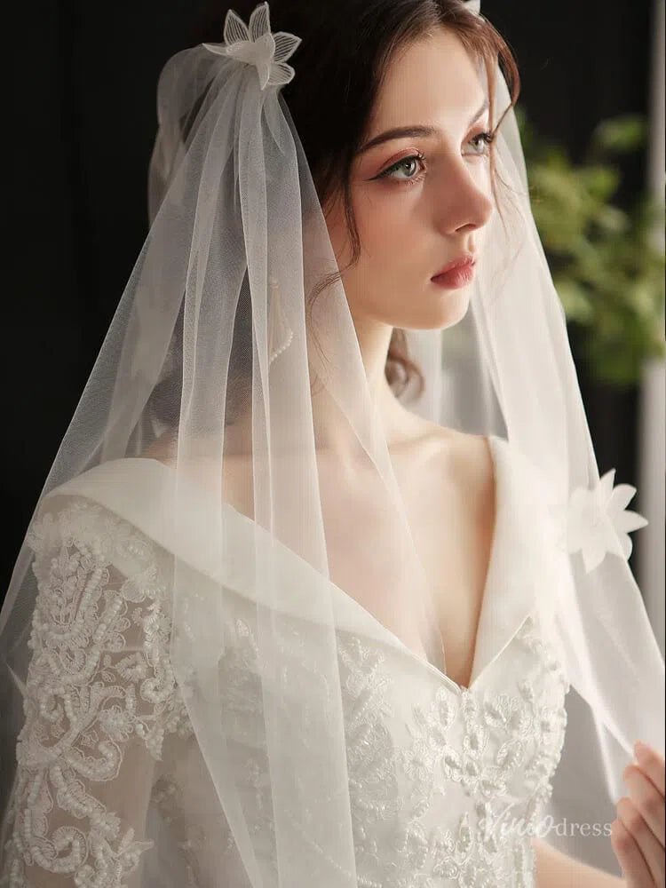 3D Floral Juliet Cap Veils Viniodress AC1298-Bridal Veil 2025 -Viniodress-Ivory-