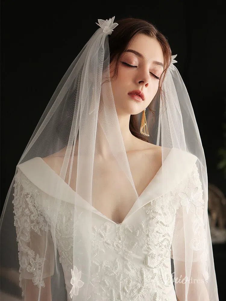 3D Floral Juliet Cap Veils Viniodress AC1298-Bridal Veil 2025 -Viniodress-Ivory-