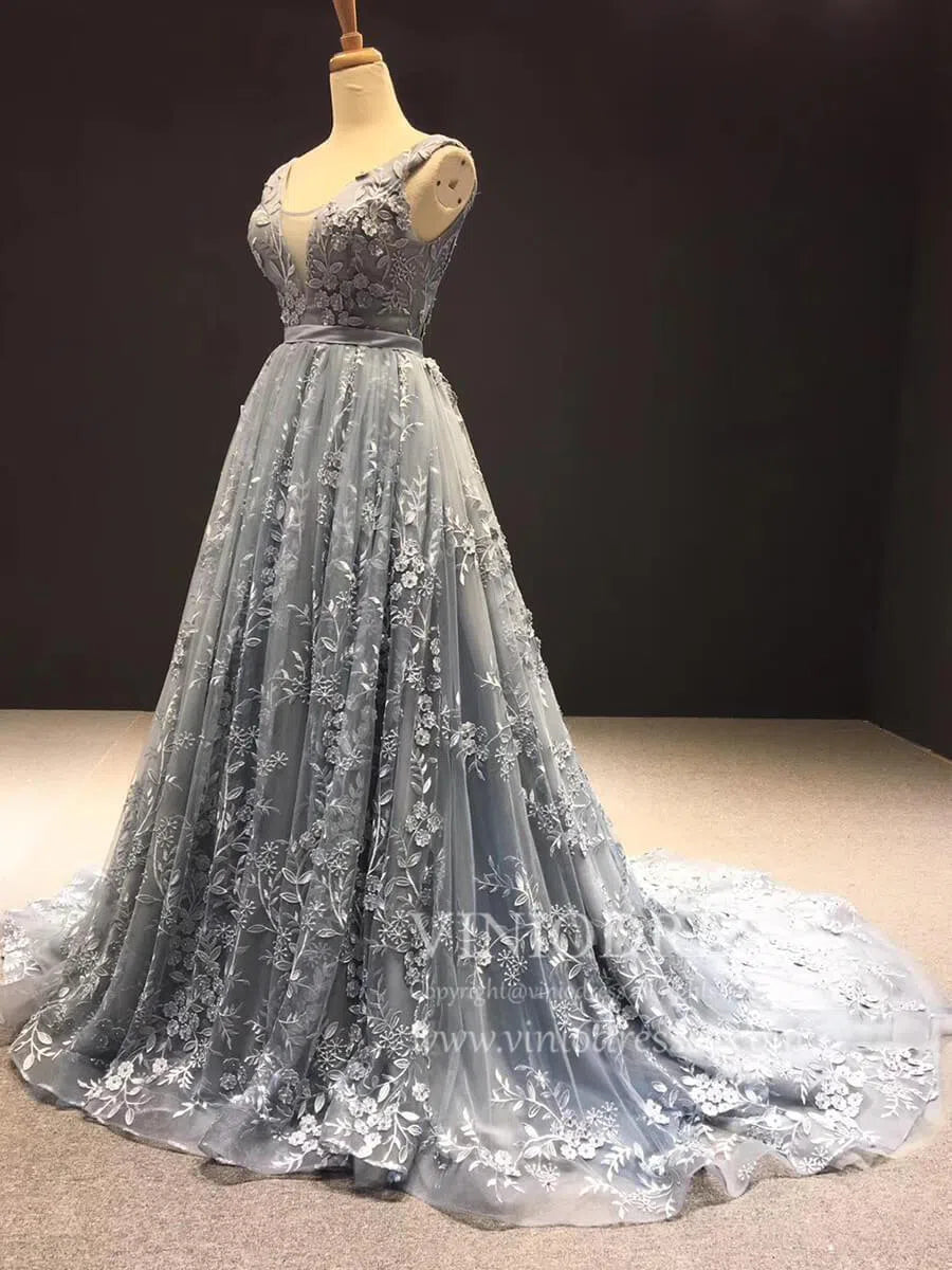 3D Floral Lace Prom Dresses V Neck Slate Gray Fairy Princess Dress FD1107 viniodress-prom dresses-Viniodress-Viniodress