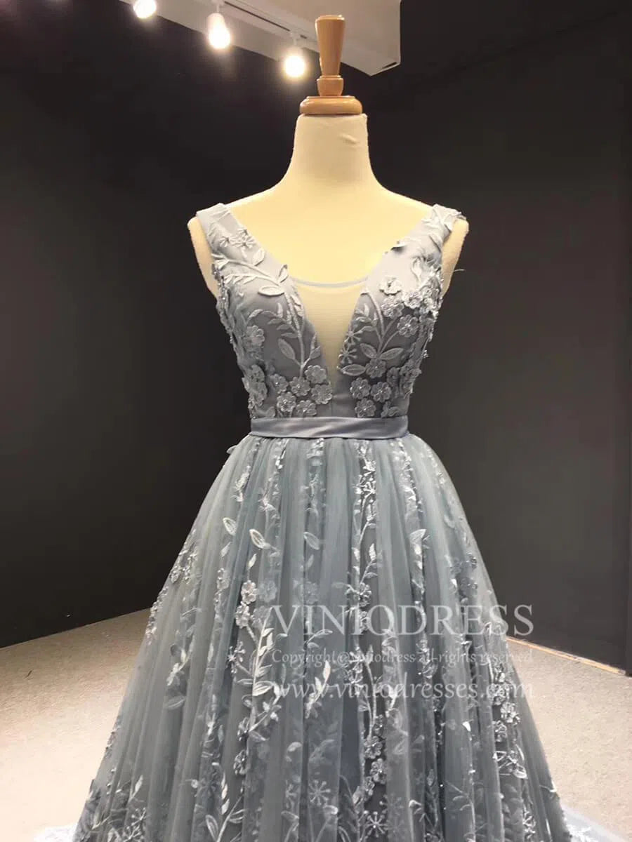 3D Floral Lace Prom Dresses V Neck Slate Gray Fairy Princess Dress FD1107 viniodress-prom dresses-Viniodress-Viniodress