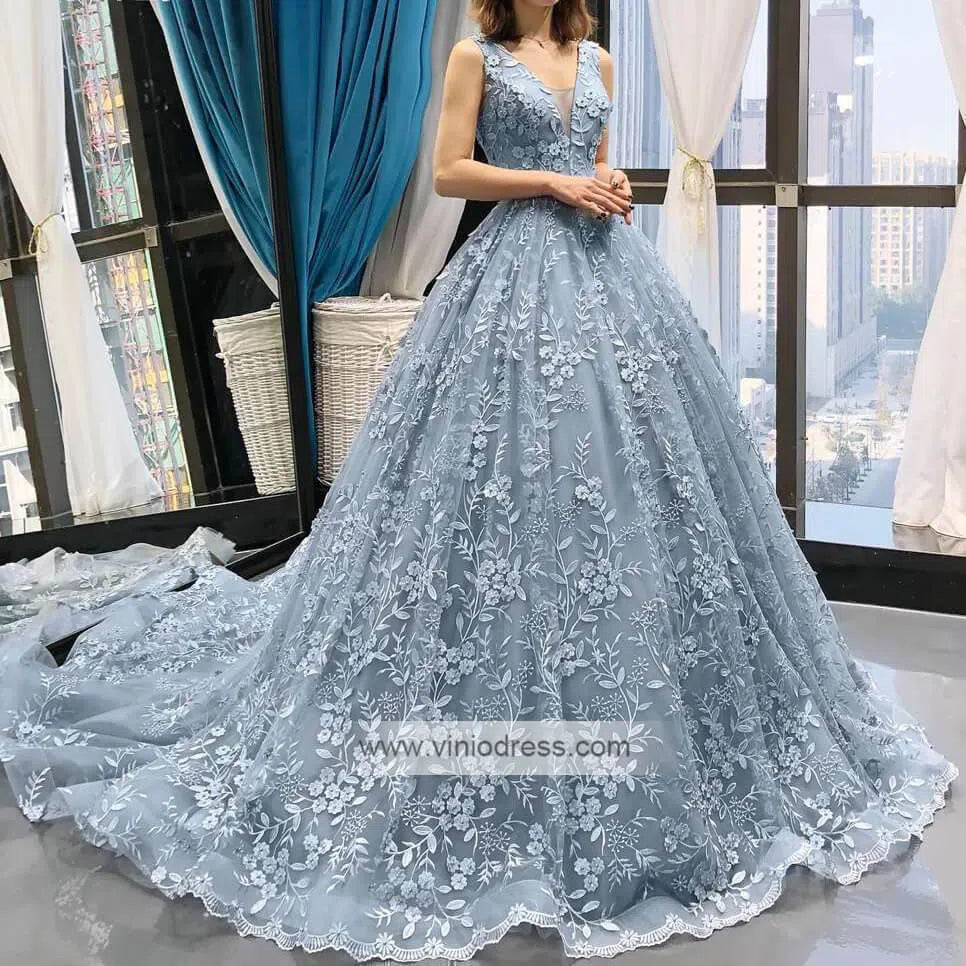 3D Floral Lace Prom Dresses V Neck Slate Gray Fairy Princess Dress FD1107 viniodress-prom dresses-Viniodress-Viniodress