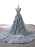 3D Floral Lace Prom Dresses V Neck Slate Gray Fairy Princess Dress FD1107 viniodress-prom dresses-Viniodress-Viniodress