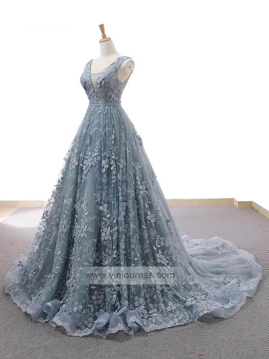 3D Floral Lace Prom Dresses V Neck Slate Gray Fairy Princess Dress FD1107 viniodress-prom dresses-Viniodress-Viniodress