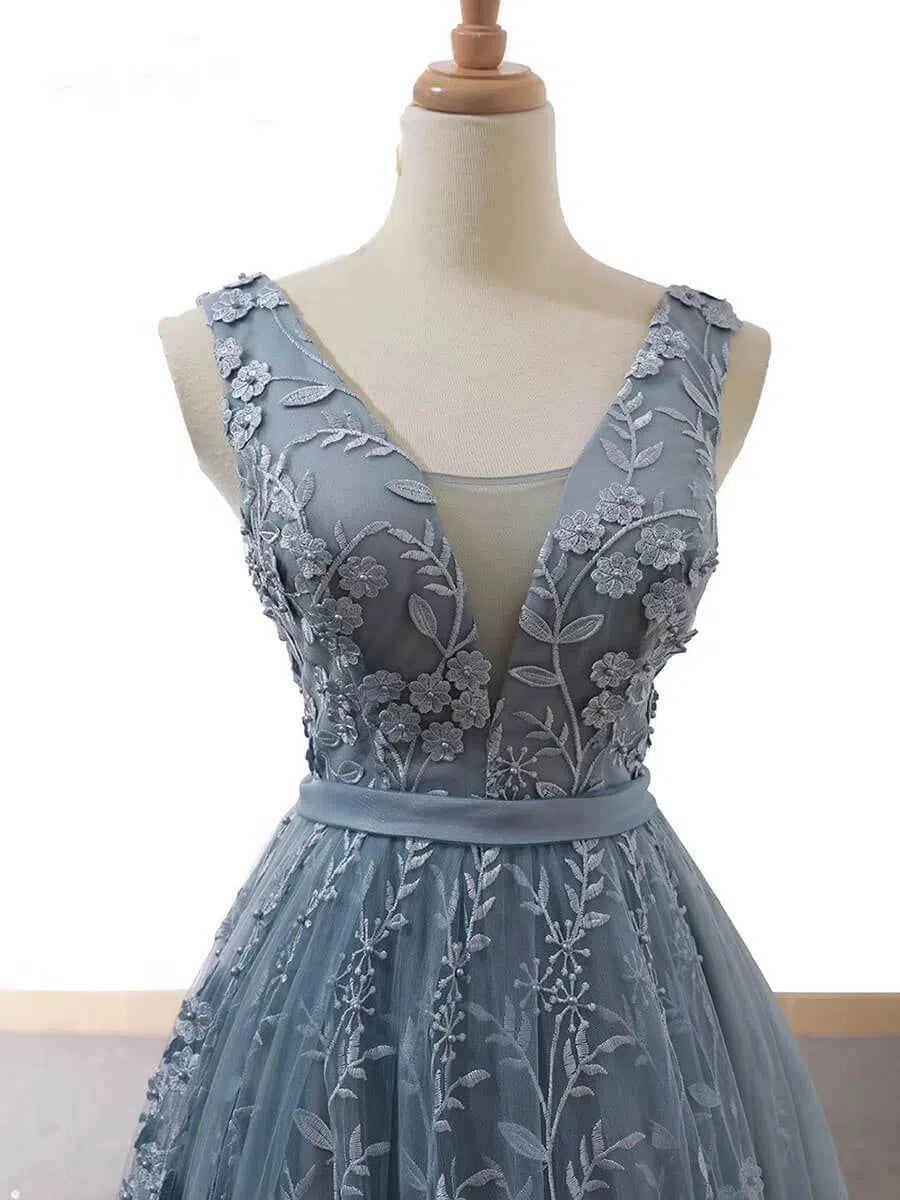 3D Floral Lace Prom Dresses V Neck Slate Gray Fairy Princess Dress FD1107 viniodress-prom dresses-Viniodress-Viniodress