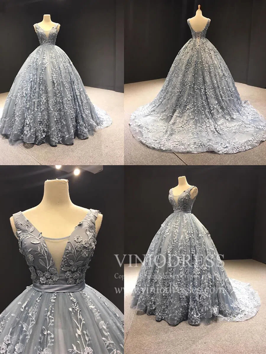 3D Floral Lace Prom Dresses V Neck Slate Gray Fairy Princess Dress FD1107 viniodress-prom dresses-Viniodress-Viniodress