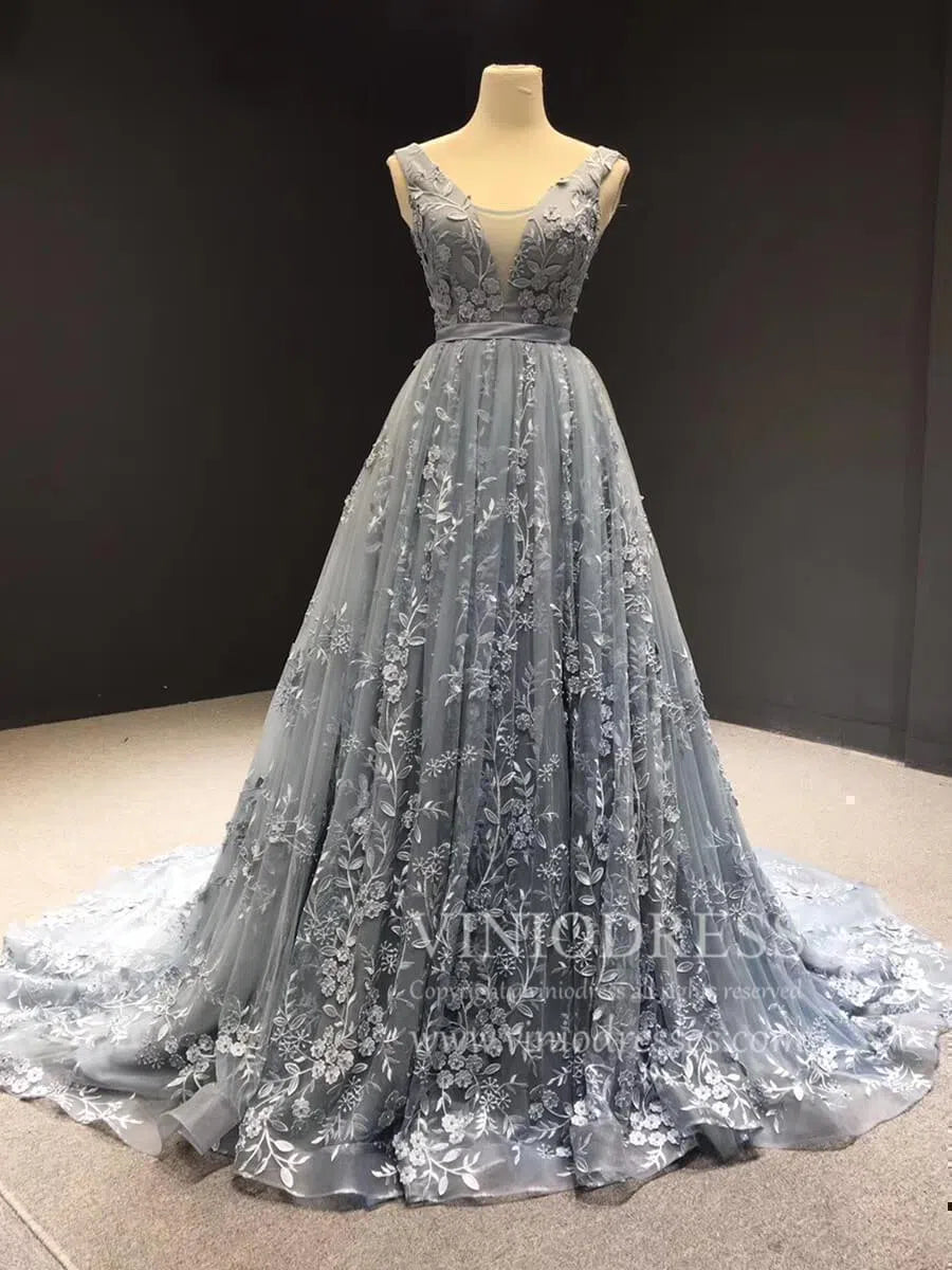 3D Floral Lace Prom Dresses V Neck Slate Gray Fairy Princess Dress FD1107 viniodress-prom dresses-Viniodress-Viniodress