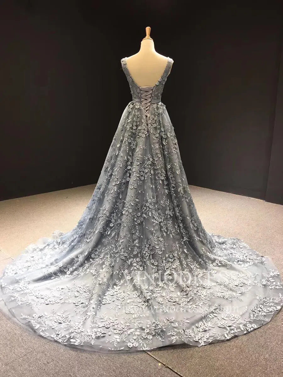 3D Floral Lace Prom Dresses V Neck Slate Gray Fairy Princess Dress FD1107 viniodress-prom dresses-Viniodress-Viniodress