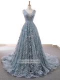 3D Floral Lace Prom Dresses V Neck Slate Gray Fairy Princess Dress FD1107 viniodress-prom dresses-Viniodress-As Picture-US 2-Viniodress