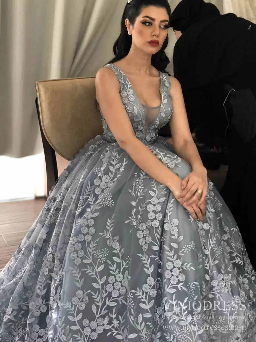 3D Floral Lace Prom Dresses V Neck Slate Gray Fairy Princess Dress FD1107 viniodress-prom dresses-Viniodress-Viniodress