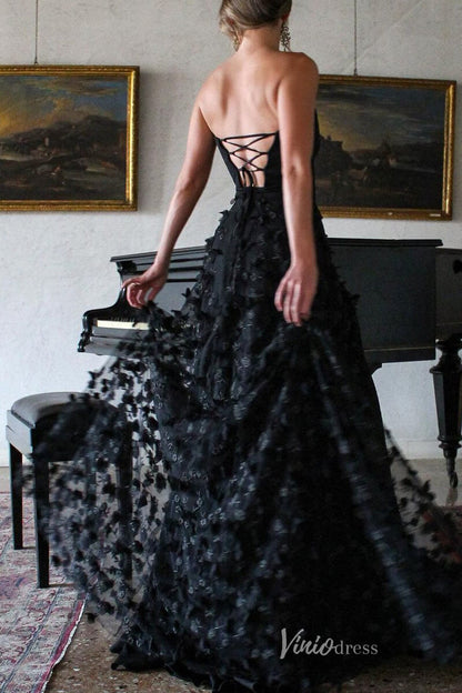3D Floral Lace Strapless Prom Dresses with Slit Satin Bodice Lace-up Back FD4055-prom dresses 2025 -Viniodress-Black-Custom Size-