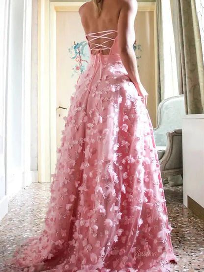 3D Floral Lace Strapless Prom Dresses with Slit Satin Bodice Lace-up Back FD4055-prom dresses 2025 -Viniodress-Black-Custom Size-