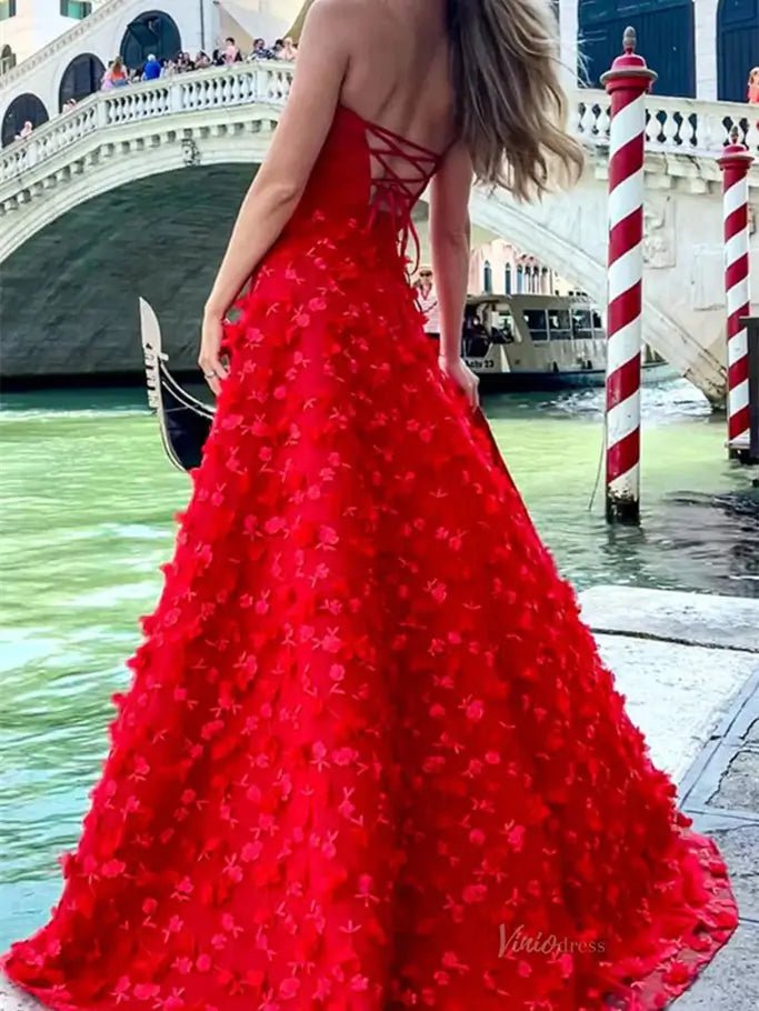 3D Floral Lace Strapless Prom Dresses with Slit Satin Bodice Lace-up Back FD4055-prom dresses 2025 -Viniodress-Black-Custom Size-