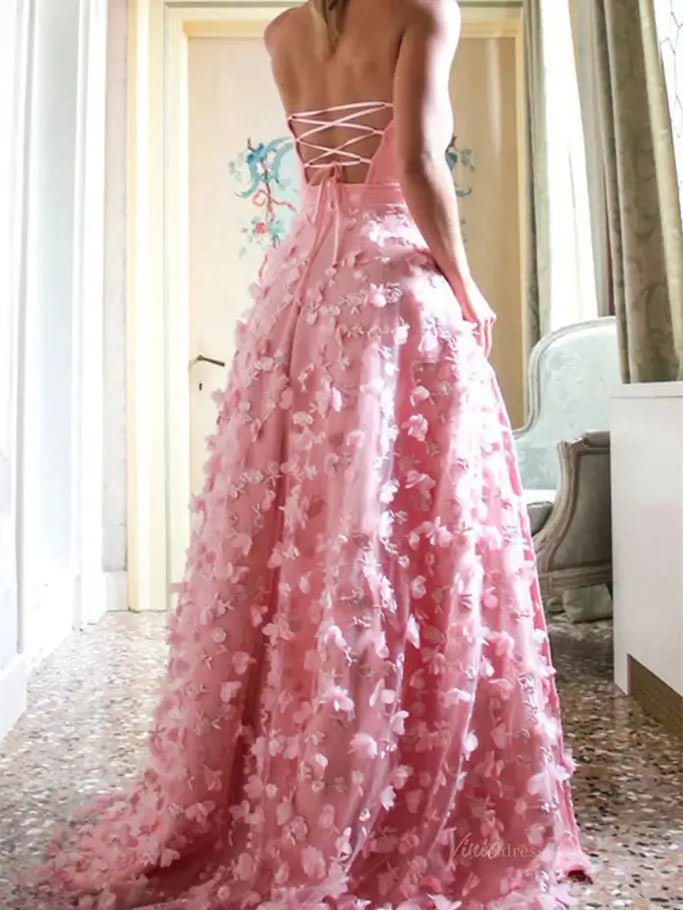 3D Floral Lace Strapless Prom Dresses with Slit Satin Bodice Lace - up Back FD4055 - Viniodressprom dressesPinkCustom Size - Formal Dresses - Ball Gowns